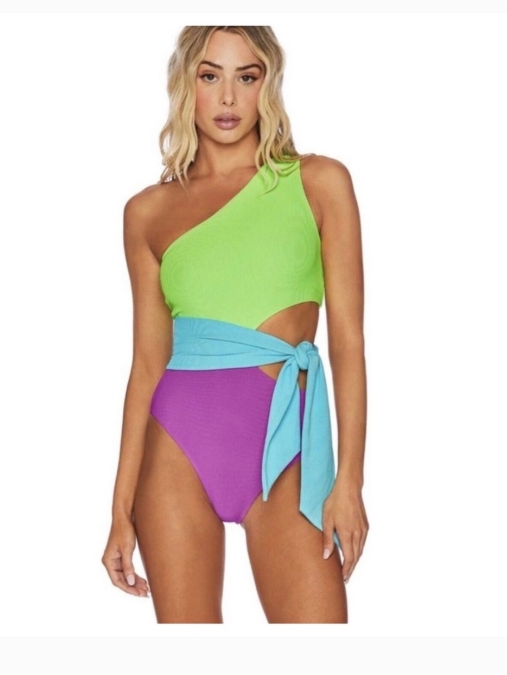 Beach Riot Lime, Aqua & Purple One-Shoulder Colorblock One Piece Swimsuit